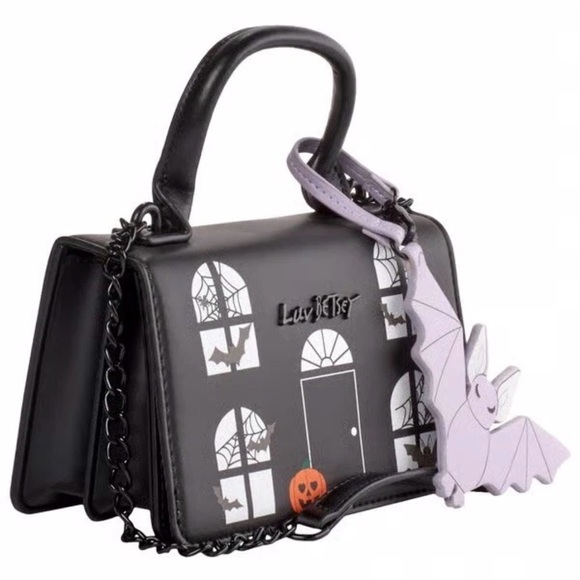 π BETSEY JOHNSON Haunted House Crossbody Bag with Bat Charm Black NWT - Picture 3 of 17